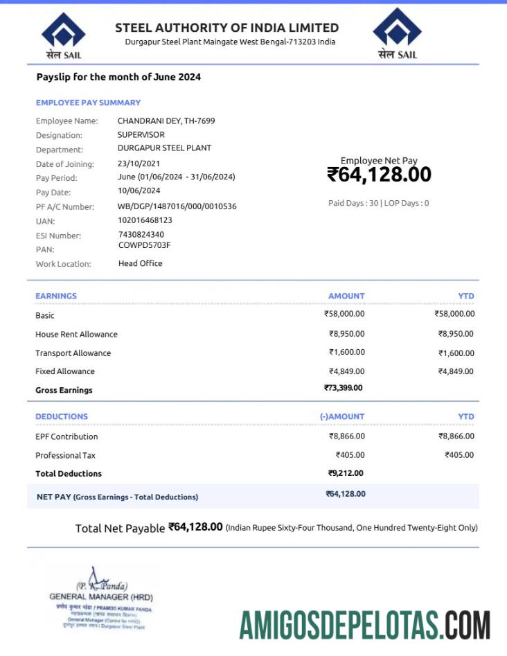 Realista Modelo de recibo de pagamento da Steel Authority Of India em formatos Word e PDF.pdf, 1